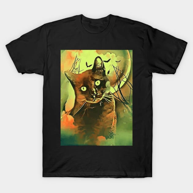Halloween Spooky Black Cat Surrounded by Dead Trees, Bats and Large Moon T-Shirt by Shell Photo & Design
